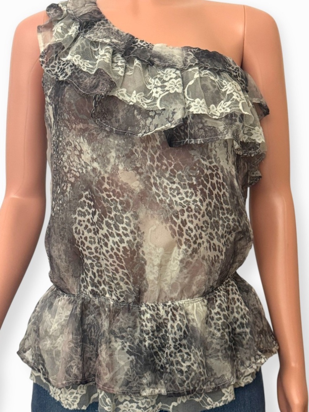 Guess Animal Print One-Shoulder Ruffle Lace Blouse size XS